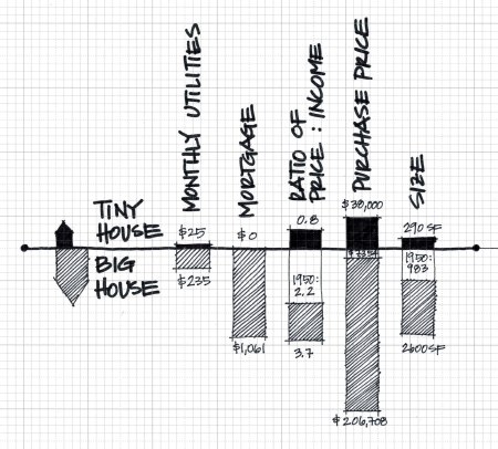 Tiny houses definitely cost less to buy and live in than big houses, but are the challenges of tiny living too big of a price to pay?    graphic by Carrie Caverly
